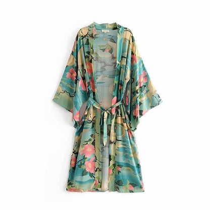 Green Vintage Retro Night Garde Print Boho Maxi Kimono Shirt Sleeve Cardigan Bohemian Long Wrap Blouse Summer Tops Beachwear