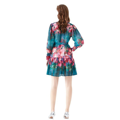 Lace-up single-breasted waist-cinching stand-collar dress European and American long-sleeved plus size vacation slimming mid-len