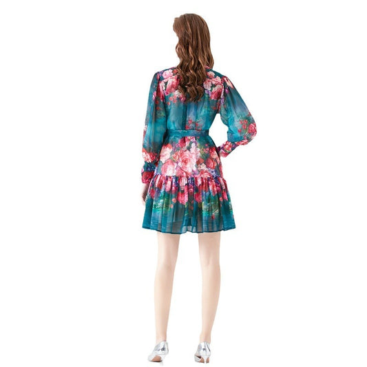 Lace-up single-breasted waist-cinching stand-collar dress European and American long-sleeved plus size vacation slimming mid-len