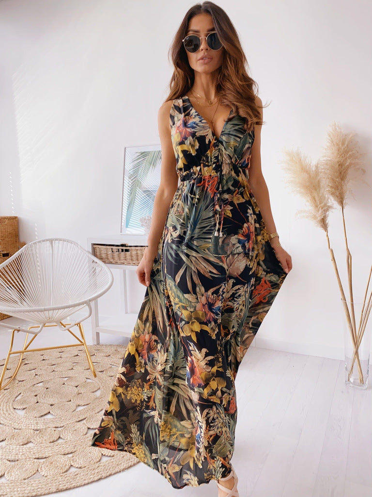 Summer New Print Open Back Lace-Up Dress