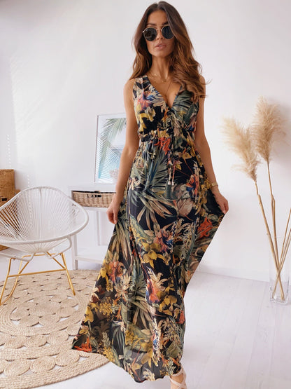 Summer New Print Open Back Lace-Up Dress