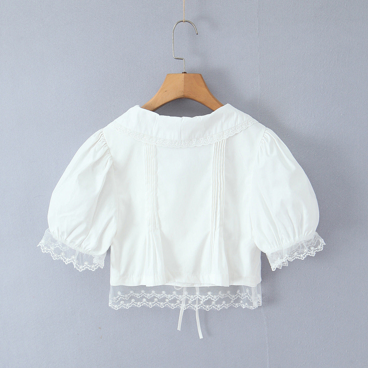 Doll collar lace patchwork bubble sleeves mesh white top