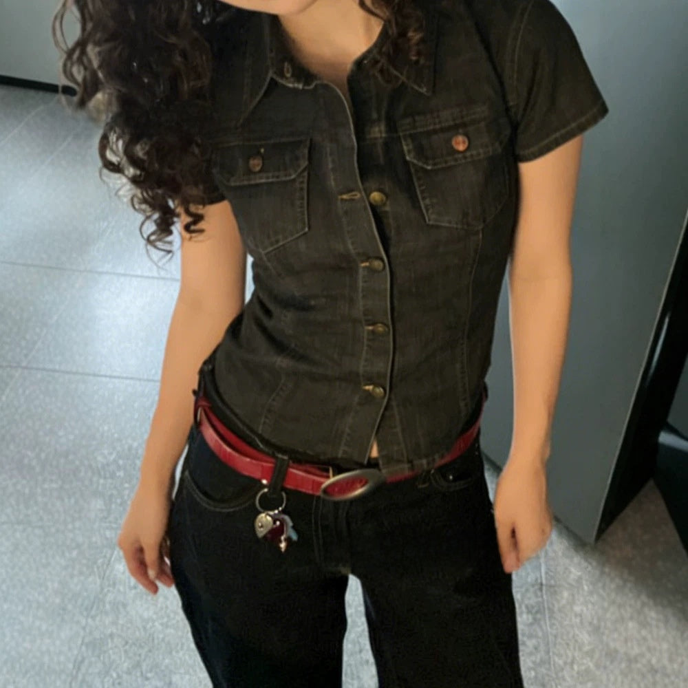 Womens Retro Denim Shirt Short Sleeve Lapel Pocket
