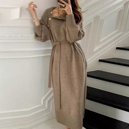 Retro Dress High Collar Knitted Waist-Cinching