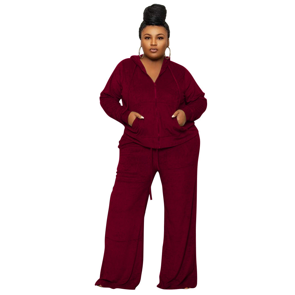 Plus size dames tweedelige set sweatvest met rits en capuchon + broek met hoge taille en wijde pijpen