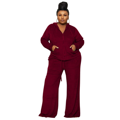 Plus size dames tweedelige set sweatvest met rits en capuchon + broek met hoge taille en wijde pijpen