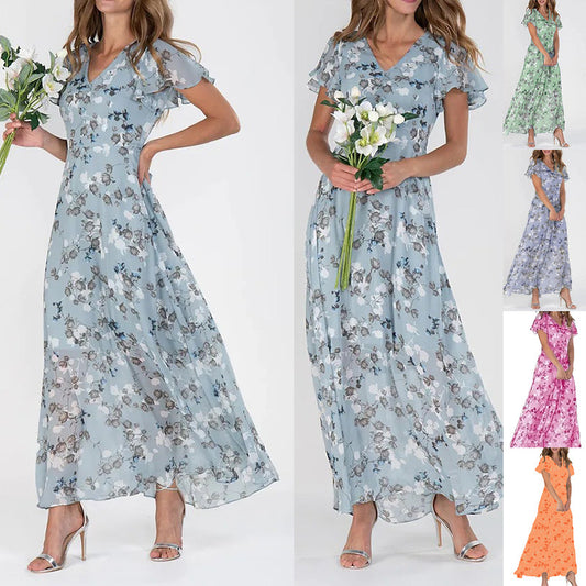 Womens Floral Print Chiffon V Neck Ruffled Swing Dress Short Sleeve Midi Beach Long Dress