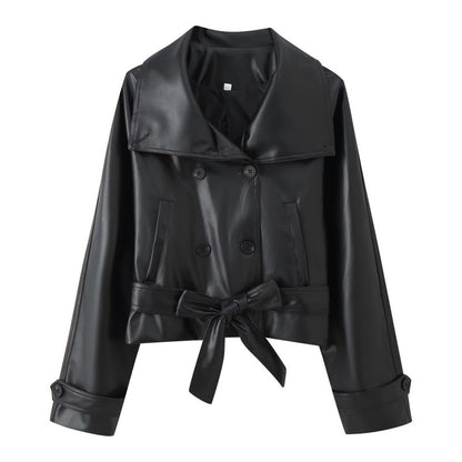 Retro Two-Tone Double-Breasted Leather Jacket with Tie Detail