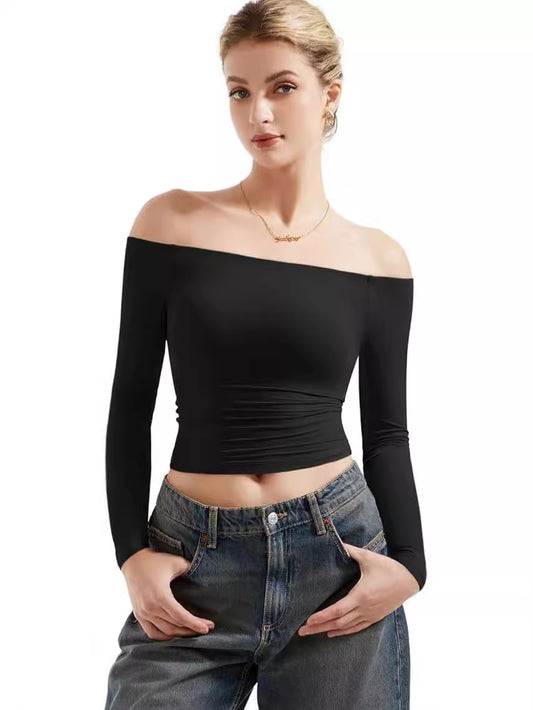 Women's Off-Shoulder Long Sleeve Crop Top Slim Fit Pullover