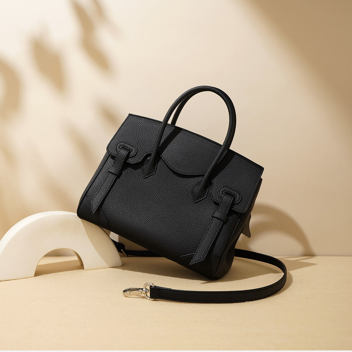 Litchi-patterned genuine top-grain cowhide handbag