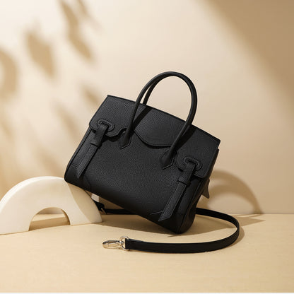 Litchi-patterned genuine top-grain cowhide handbag
