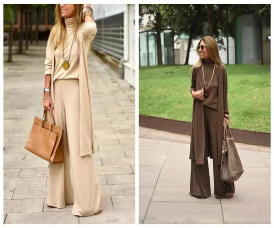 Casual effen kleur lange driedelige set