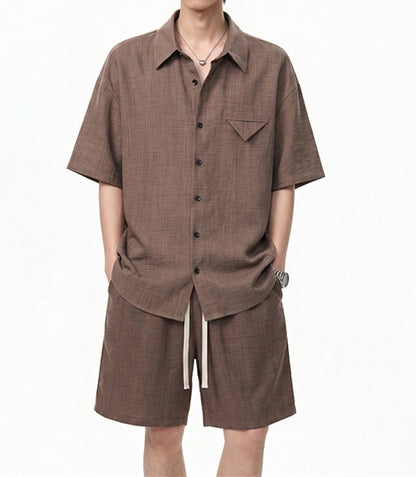Imitation Linen Casual Suit for Men Summer Thin Drapey Short-Sleeve Shirt and Shorts Two-Piece Set