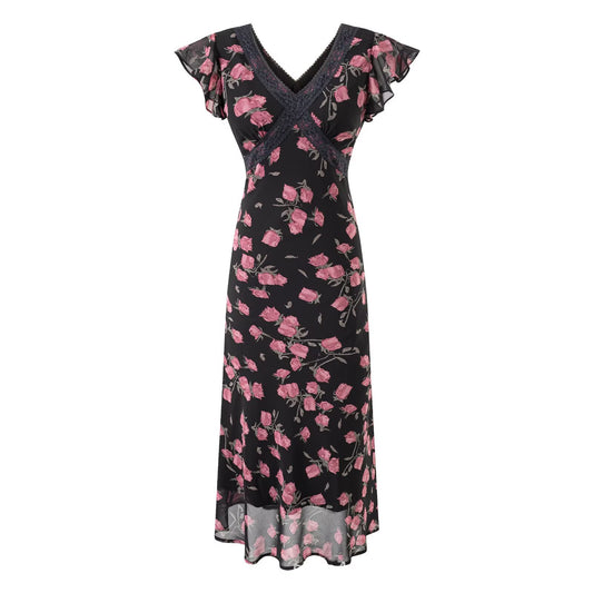 Jurk met bloemenprint en korte ruchesmouwen