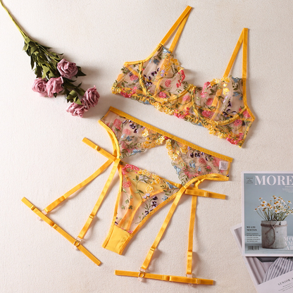 Embroidered Floral Lingerie Set with Underwire