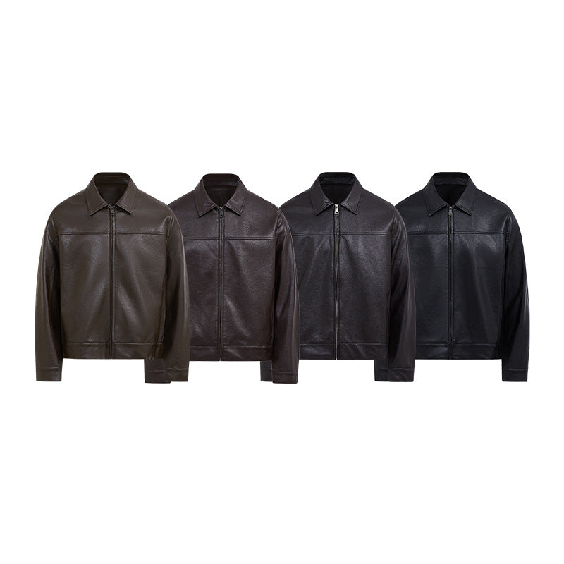 Mens PU Leather Casual Coat Turn-down Collar Outerwear