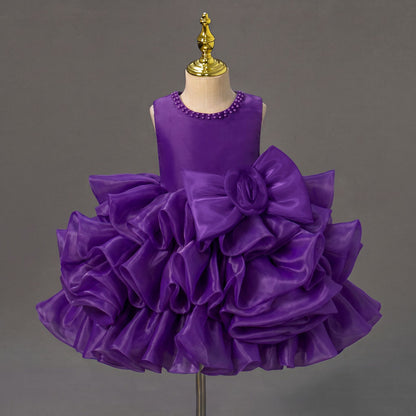 Girls Princess Dress with 3D Roses and Bow Tiered Tulle Birthday Party Gown