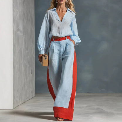 Womens Long Sleeve Shirt Wide Leg Pants Suit