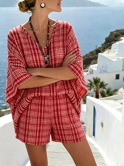 Printed V-Neck Loose Casual Two-Piece Women Fashion Vacation Shorts Set