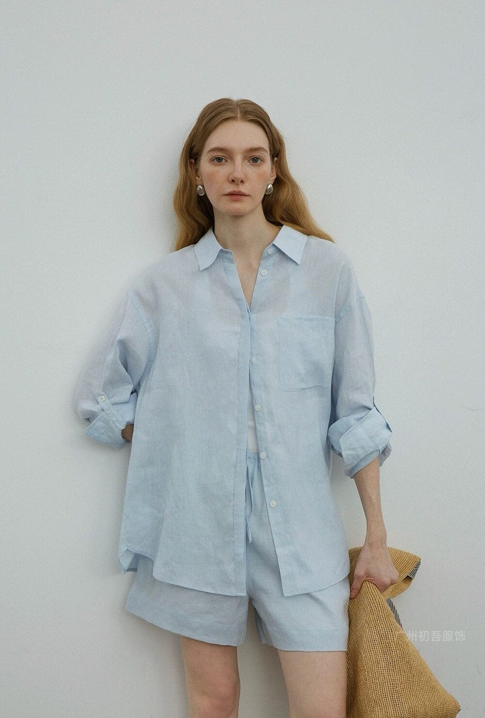 Womens Linen Casual Oversized Shirt Shorts Set
