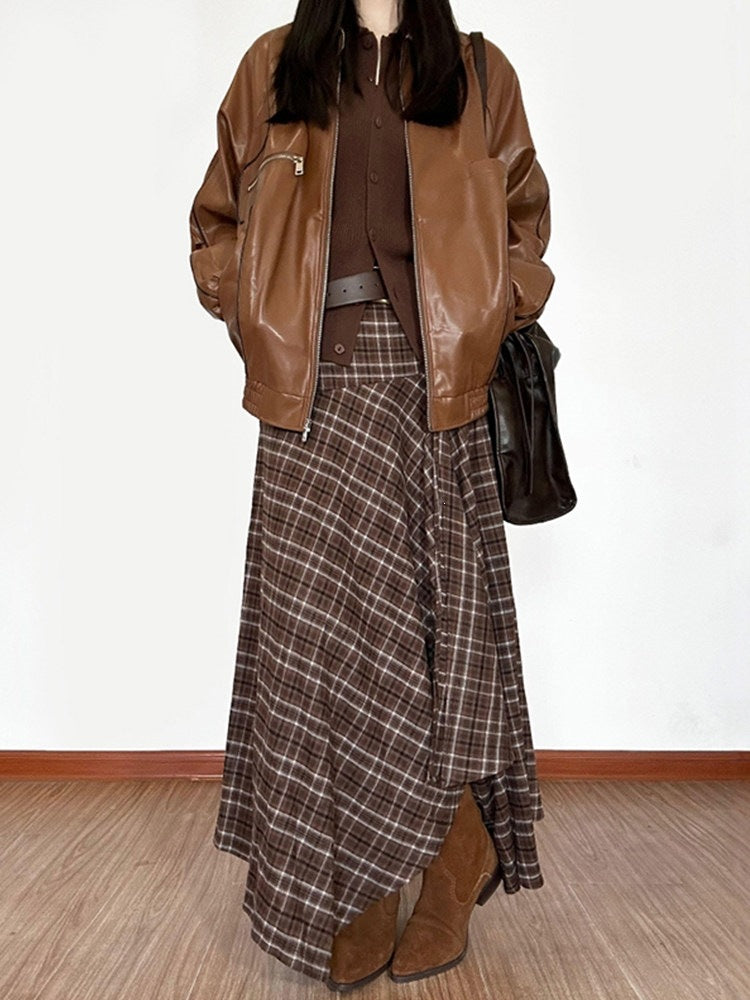 Women's Plus Size Brown Plaid Irregular Hem Long Skirt