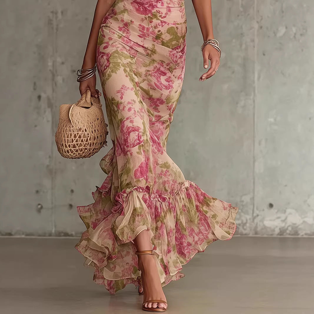 French Floral Puff Sleeve Slim Fit Long Dress
