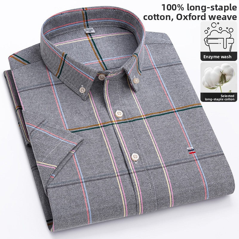 Men's 100% Cotton Plaid Short Sleeve Shirt Oxford Casual Square Collar