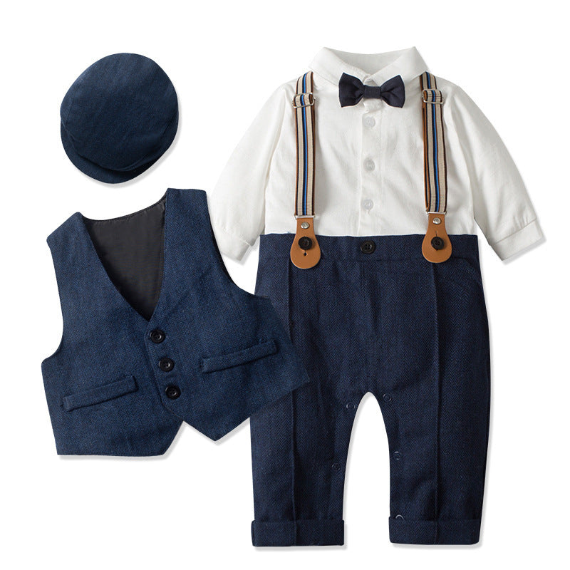 Boys Gentleman Suspender Romper Vest Set Short Sleeve Bow Tie Casual Two Piece Outfit