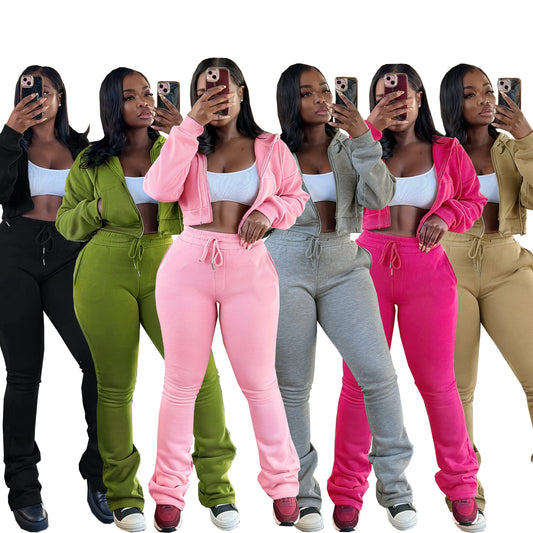 Womens Hooded Fleece Zip-Up Cardigan and Pants Set