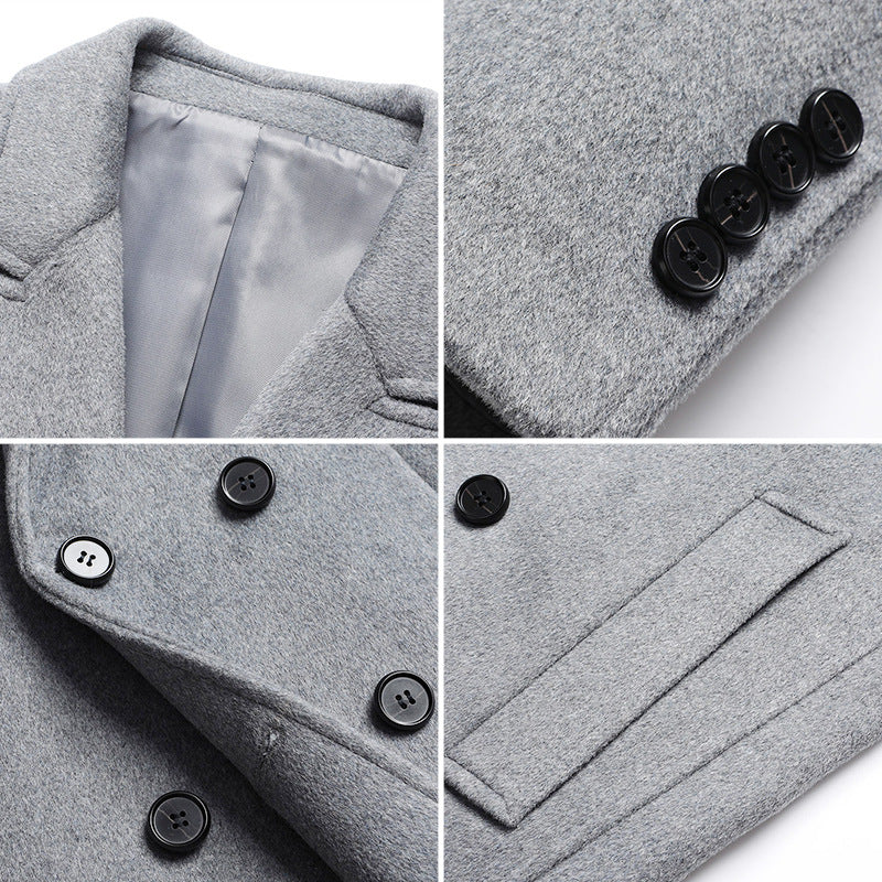 Men Woolen Coat Double Breasted Suit Collar Mid Long Jacket