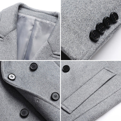 Men Woolen Coat Double Breasted Suit Collar Mid Long Jacket