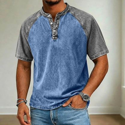 Men's Vintage Washed Henry Collar Short Sleeve Shirt