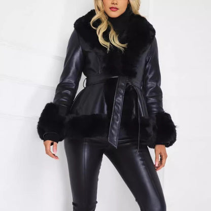 Women's Faux Rabbit Fur Waist Cinching Coat