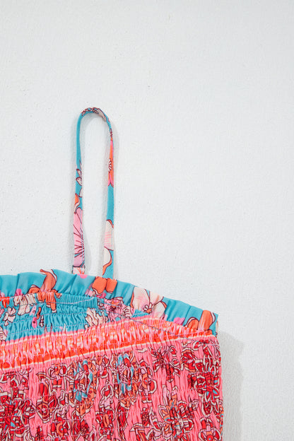 Maxi-jurk met bohemian etnische print gesmokte buste en spaghettibandjes