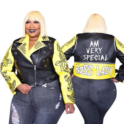 Plus Size Dames PU-leren Jacket Met Print