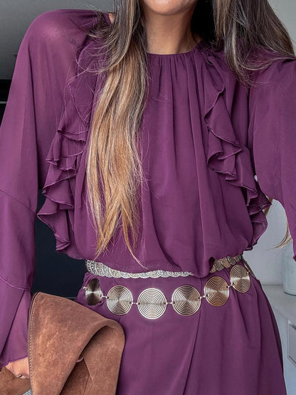 Pruimenkleurige Boheemse jurk met ruches en lange mouwen