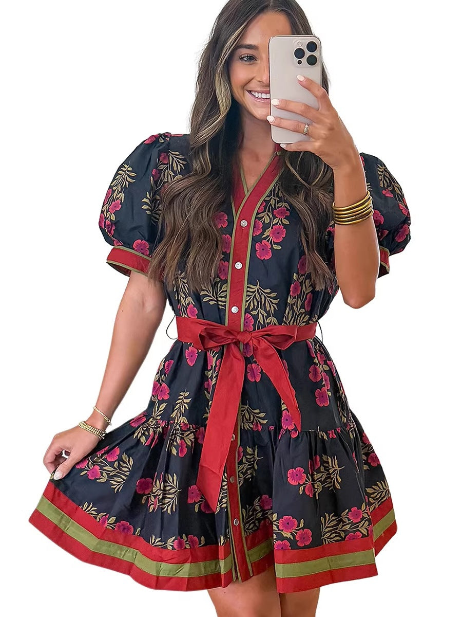 Katoenen jurk met korte pofmouwen bloemenprint centuur en hoge taille