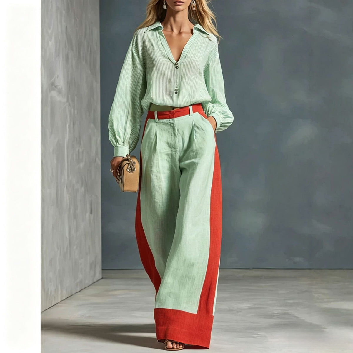 Womens Long Sleeve Shirt Wide Leg Pants Suit
