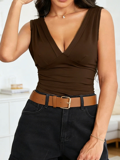 Womens Deep V Pleated Tank Top
