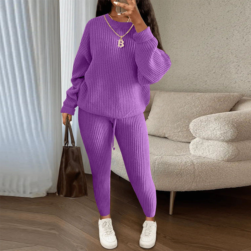 Womens Casual Knitwear Suit Long Sleeve Two Piece Pants Set