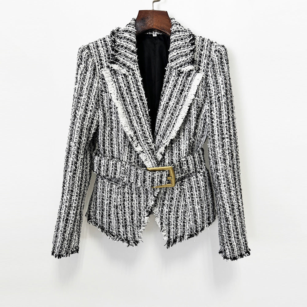 Women's Fringed Tweed Jacket Slim Fit Belted Suit Collar Long Sleeve Coat