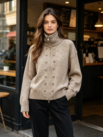 button-decorated knitted zipper cardigan sweater coat