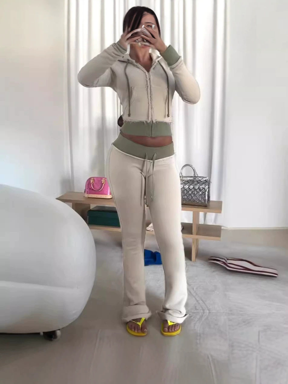 Women's Short Zip-Up Hoodie and Flared Pants Two-Piece Set