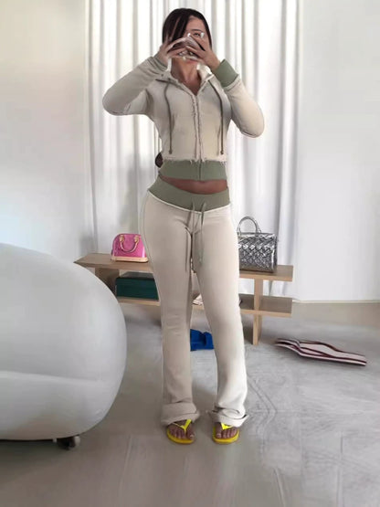 Women's Short Zip-Up Hoodie and Flared Pants Two-Piece Set