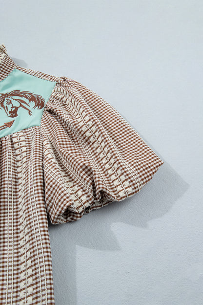 Brown Western Pony Embroidered Yoke Puff Sleeve Gingham Blouse