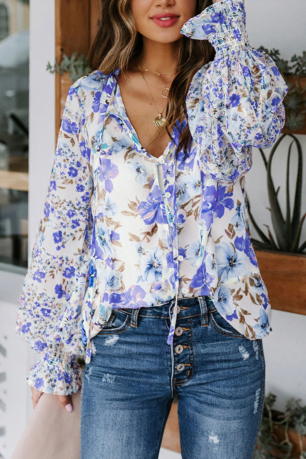 Casual Cakewalk blouse met bloemenprint en smockwerk