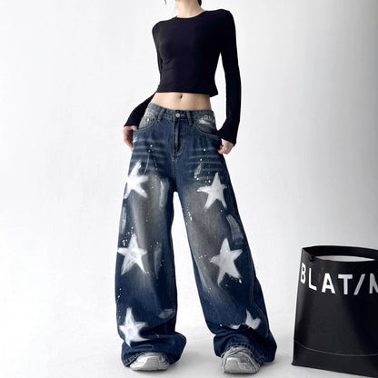 Retro Star Graffiti Wide Leg Jeans