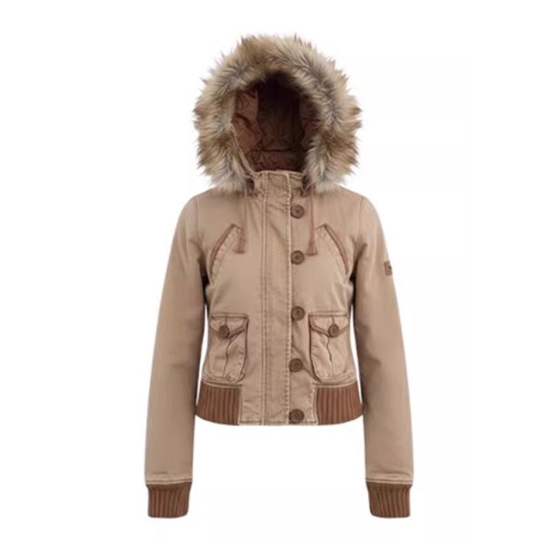 Washed Distressed Slim Jacket with Fur Collar