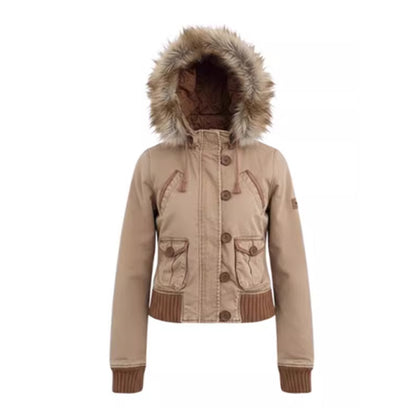 Washed Distressed Slim Jacket with Fur Collar