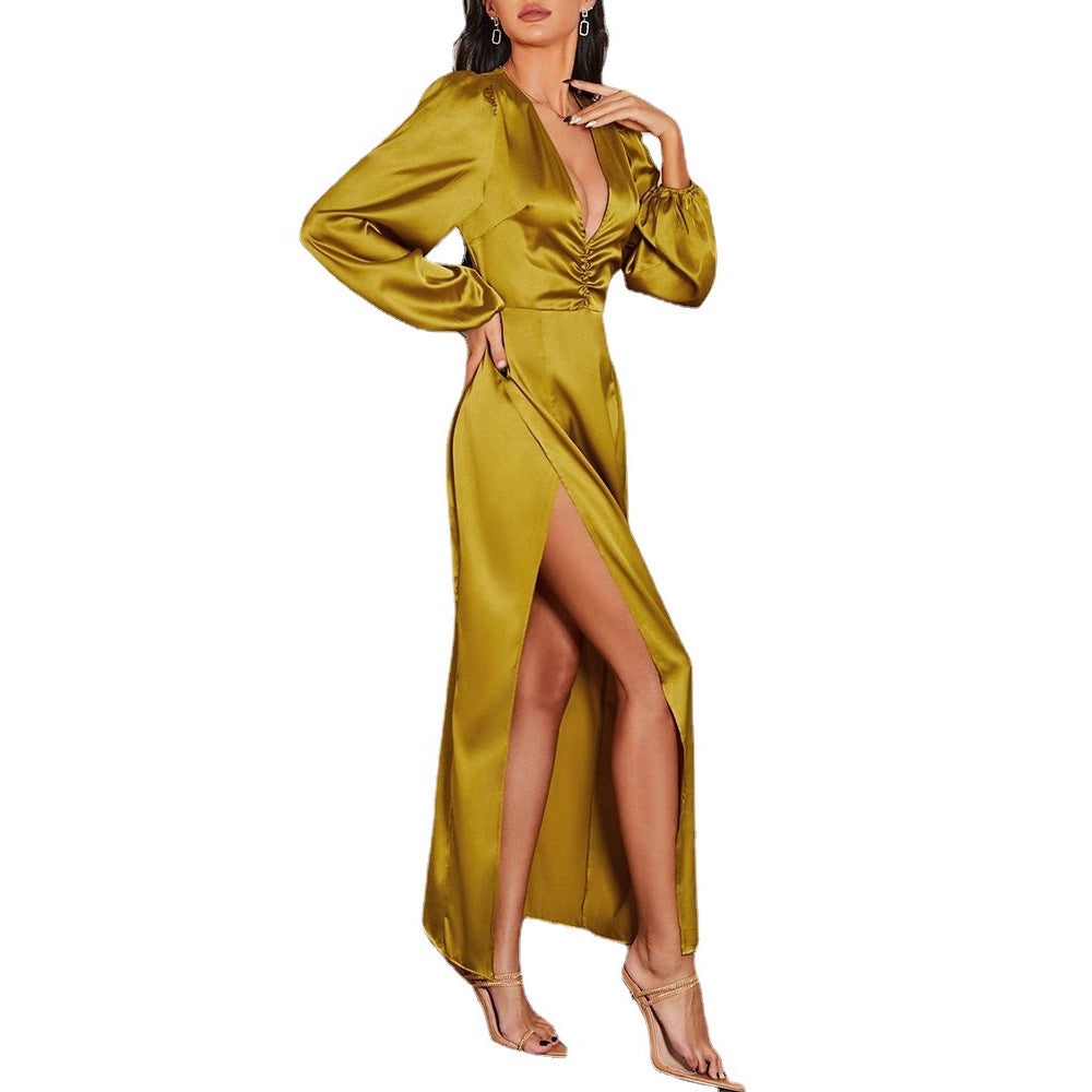 2025 Summer French High Waist Puff Sleeve Temperament Commuting Skirt Suit Yellow Long Skirt Loose Solid Color V-Neck Dress